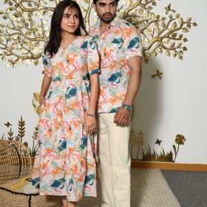 Couple Matching Abstract Print Cotton Anarkali Midi Dress & Shirt Set ? Multicolor Summer Outfit