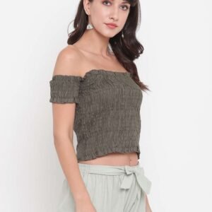Women's Rayon Solid Off-Shoulder Smocked Crop Top Short Sleeve Casual Styles Tank Top (FREE SIZE) Multi15